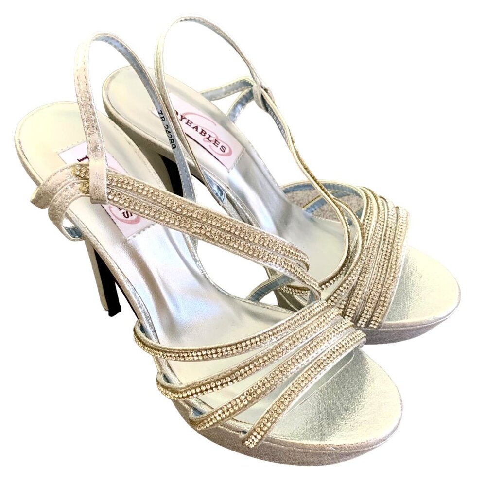 Dyeables Dahlia Silver Rhinestone PU Strappy Heels Size US 7 4.5-Inch Stiletto